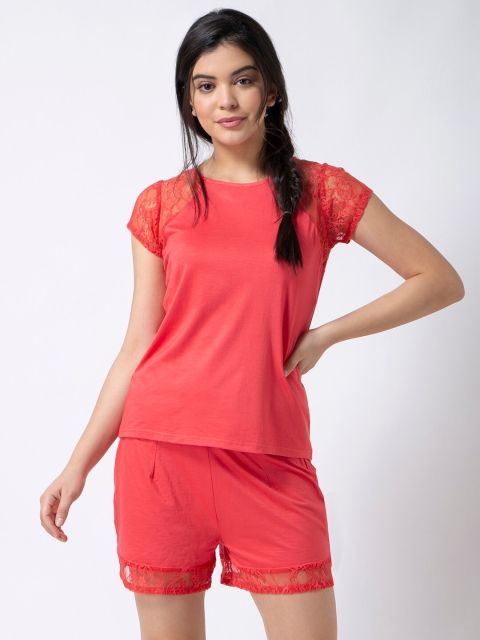 

ADORENITE Women Coral Red Night Suit