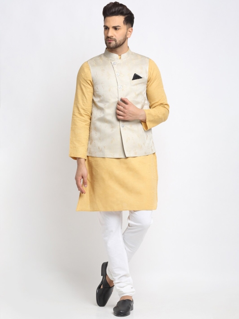 

NEUDIS Men Yellow Pure Cotton Kurta with Churidar & With Nehru Jacket