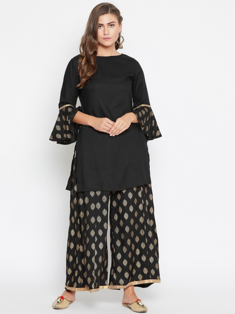 

TULIP 21 Women Black & Gold-Toned Ethnic Motifs Bell Sleeves Kurta with Palazzos