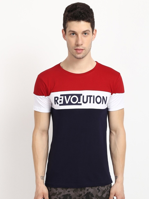 

V2 Value & Variety Men Navy Blue & Red Colourblocked T-shirt with Printed Detail