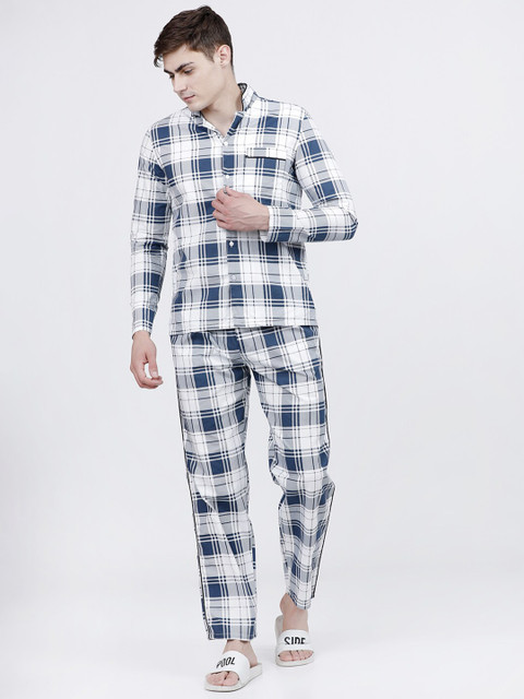 

The Indian Garage Co Men White & Navy Blue Checked Night suit