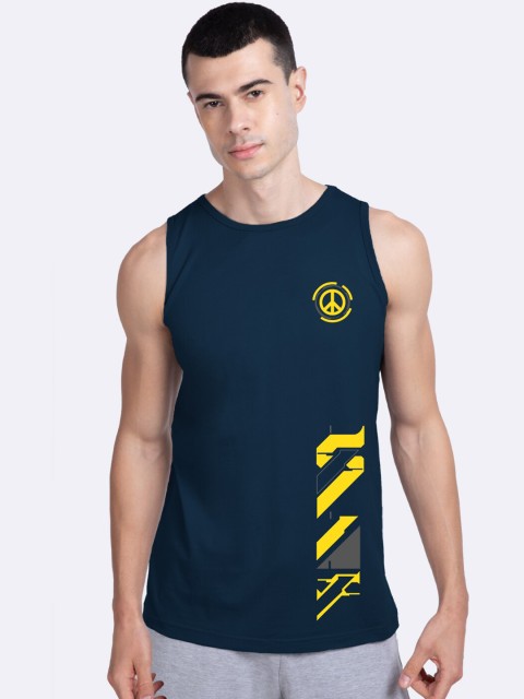 Bewakoof Men Navy Blue & Yellow Printed Pure Cotton Innerwear Vest