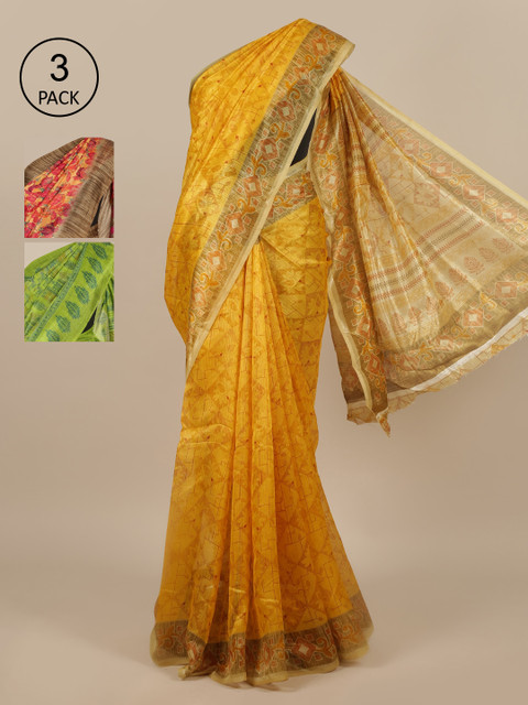 

Pothys Pack of 3 Yellow & Green Floral Jute Silk Saree