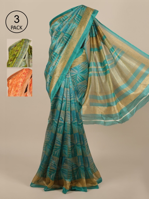 

Pothys Pack of 3 Printed Jute Silk Saree, Blue