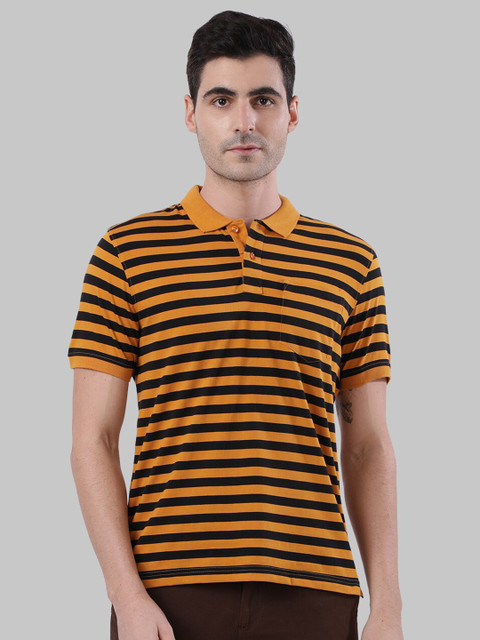 

Next Look Men Yellow & Black Striped Polo Collar T-shirt