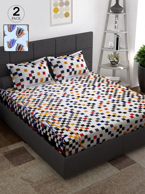 

Story@home Pack of 2 Geometric 152 TC Cotton Queen Bedsheet with 4 Pillow Covers, White