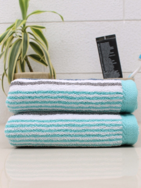 

AVI Living Set Of 2 Turquoise-Blue & White Striped 600 GSM Cotton Hand Towels