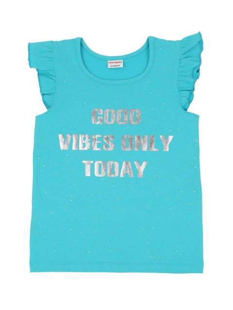 

RAINE AND JAINE Girls Turquoise Blue Typography Printed Cotton T-shirt