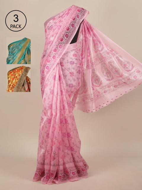 

Pothys Pack of 3 Pink & Blue Floral Embroidered Jute Silk Saree