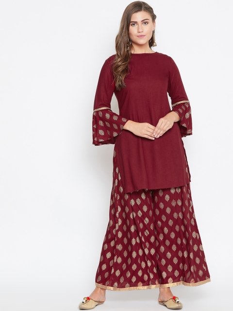 

TULIP 21 Women Maroon & Gold-Toned Ethnic Motifs Bell Sleeves Kurta with Sharara