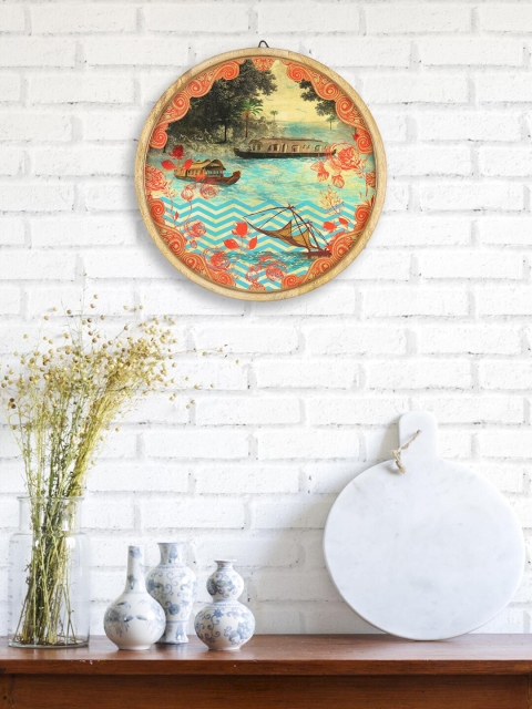 

India Circus by Krsnaa Mehta Green & Brown Printed Wooden Chevron Backwaters Wall Decorative Plate