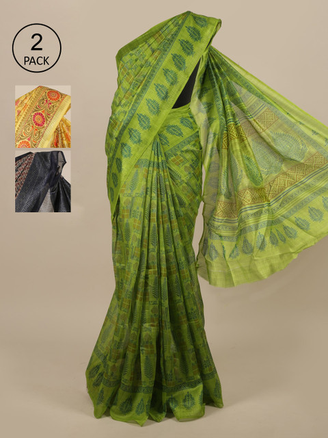 

Pothys Pack of 3 Printed Jute Silk Saree, Green