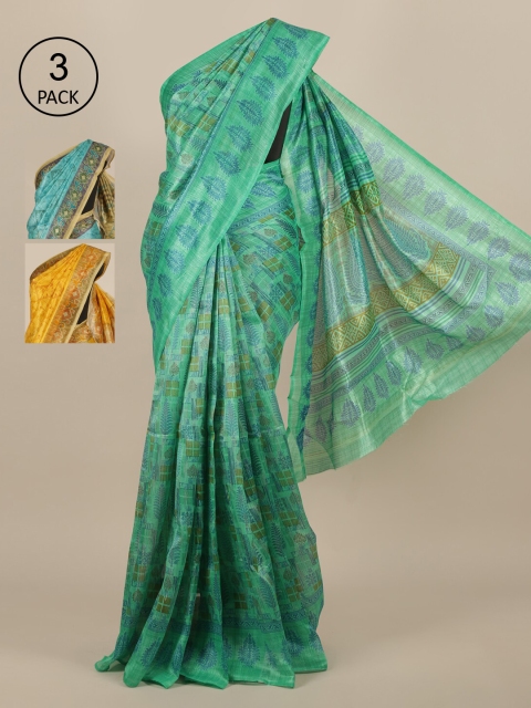 

Pothys Pack of 3 Printed Jute Silk Saree, Green