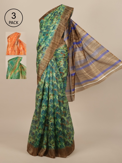 

Pothys Pack of 3 Green & Orange Floral Jute Silk Saree