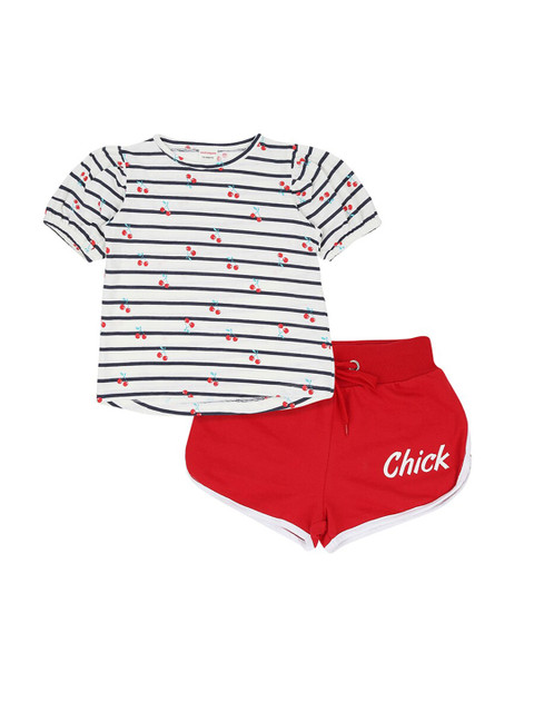 

RAINE AND JAINE Girls White & Navy Blue Striped Pure Cotton T-shirt with Shorts