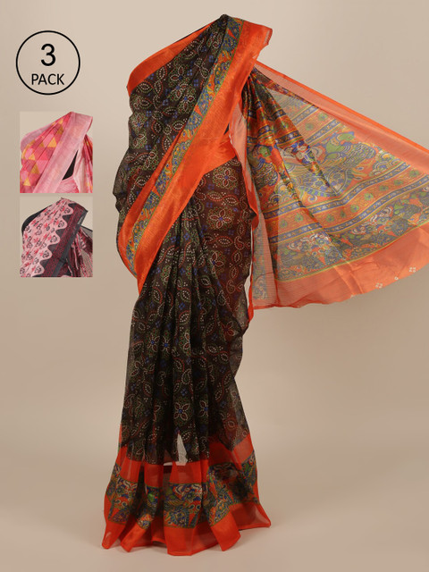 

Pothys Pack Of 3 Ethnic Motifs Jute Silk Sarees, Brown