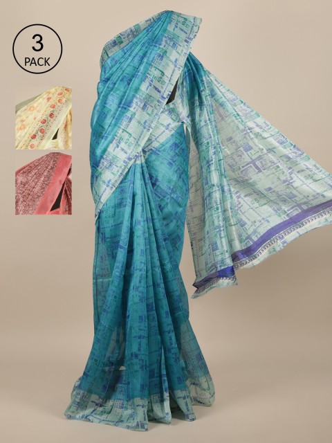 

Pothys Pack of 3 Printed Jute Silk Saree, Blue