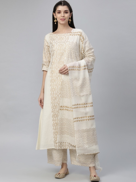 

nesara Women Off White Ethnic Motifs Printed Layered A-Line Chanderi Silk Kurti with