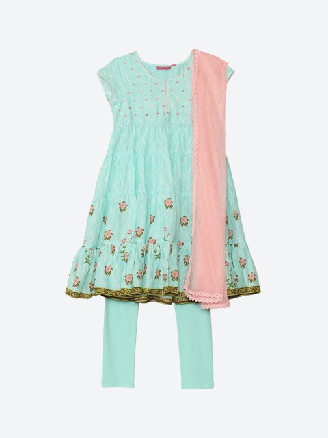 

Biba Girls Blue Floral Embroidered Empire Anarkali Kurta with Churidar & With Dupatta