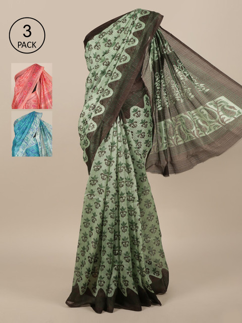 

Pothys Pack of 3 Green & Blue Floral Jute Silk Saree