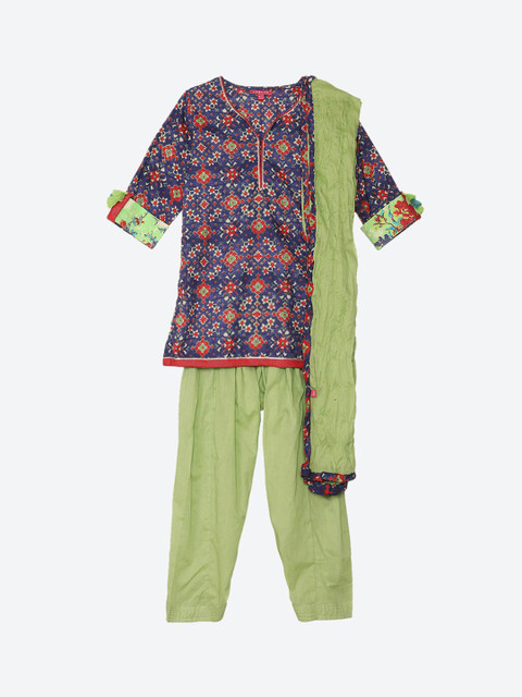 

Biba Girls Blue Floral Printed Kurti with Churidar & With Dupatta