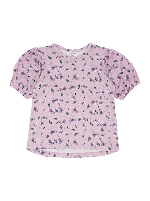 

RAINE AND JAINE Girls Purple Floral Printed Puff Sleeves Cotton T-shirt