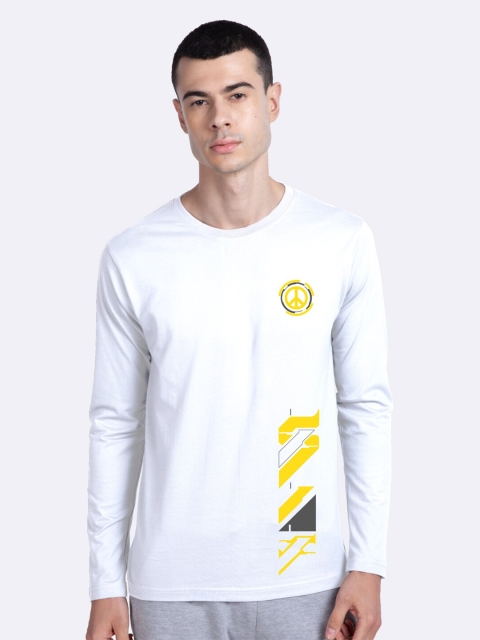 

Bewakoof Men White Yellow Funk Peace Printed Cotton Pure Cotton T-shirt