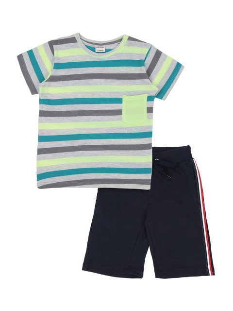 

RAINE AND JAINE Boys Grey & Navy Blue Striped T-shirt with Shorts
