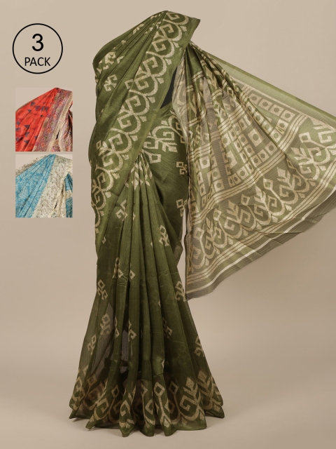 

Pothys Pack Of 3 Ethnic Motifs Jute Silk Sarees, Green