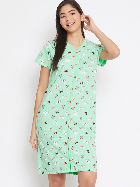 

Clovia Womens Cotton Printed Button Short Nighty with Pocket, Green