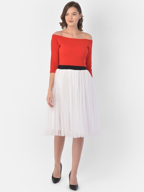 

Eavan Red & White Colourblocked Off-Shoulder Net Dress
