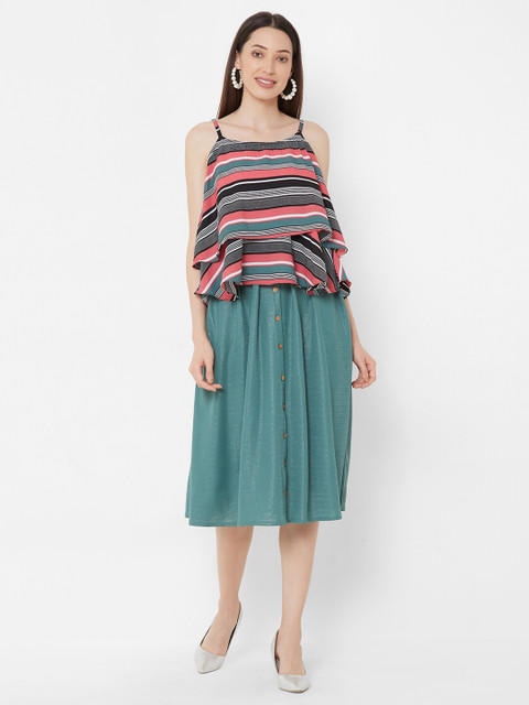

ZOLA Women Teal & Black Striped Top with Skirt