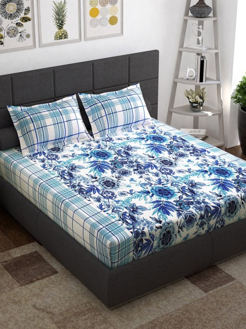 

Story@home White & Blue Floral 152 TC Cotton 1 Queen Bedsheet with 2 Pillow Covers