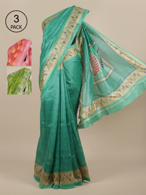 

Pothys Pack of 3 Printed Jute Silk Saree, Green