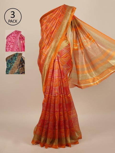 

Pothys Pack Of 3 Printed Jute Silk Sarees, Orange