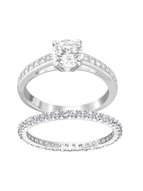 

SWAROVSKI Set Of 2 Rhodium-Plated Silver-Toned & White Crystal-Studded Finger Rings