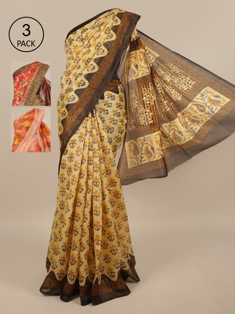 

Pothys Pack Of 3 Printed Jute Silk Sarees, Yellow