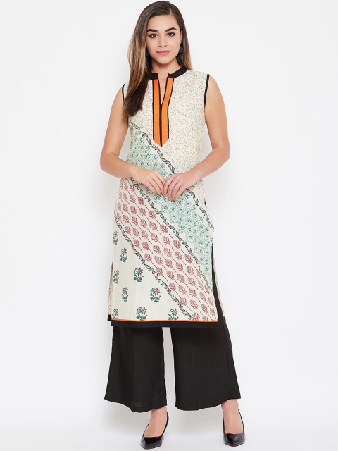 

TULIP 21 Women Off White & Black Floral Printed Pure Cotton Kurta with Palazzos