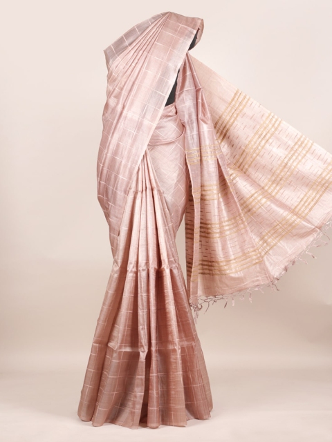 

Pothys Pink Checked Zari Pure Silk Tussar Saree