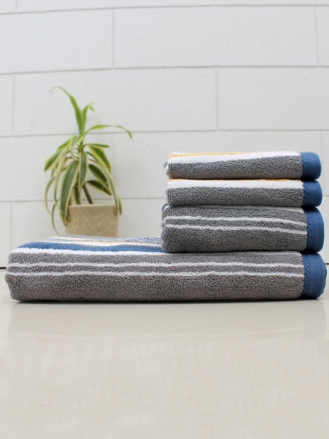 

AVI Living Unisex Set Of 4 Grey & Navy Blue Rhodes Striped 600 GSM Cotton Towels