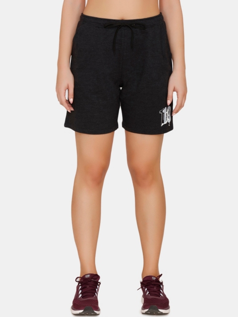 

Zelocity by Zivame Women Black Solid Regular Fit Sports Shorts with Printed Detail