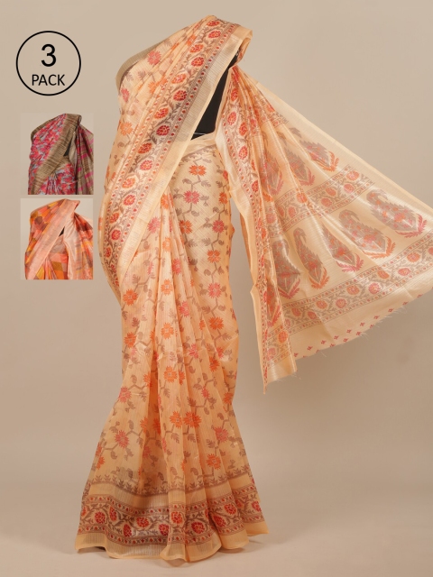 

Pothys Pack Of 3 Floral Jute Silk Sarees, Peach