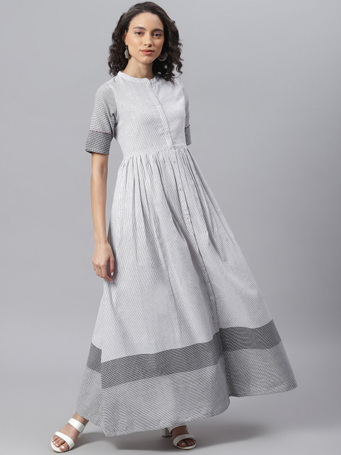 

Janasya White & Grey Striped Maxi Dress