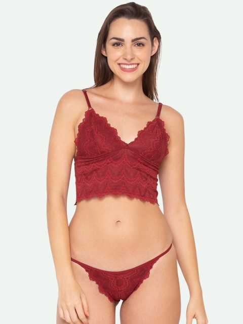 Candyskin Women Maroon Self-Design Lace Bralette Lingerie Set CSVIN03