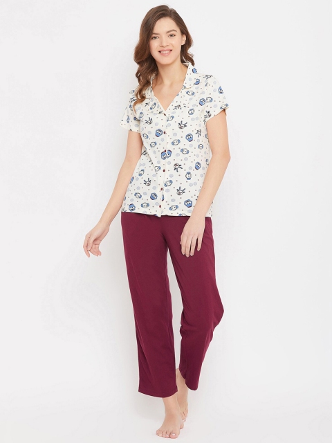 

Clovia Women White & Burgundy Printed Night suit