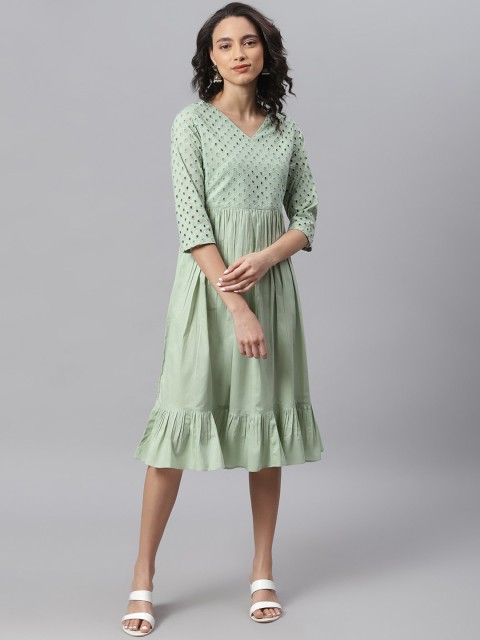 

Janasya Green A-Line Midi Dress