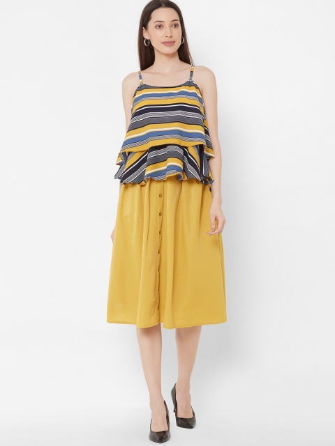 

ZOLA Women Yellow & Black Striped Top with Skirt