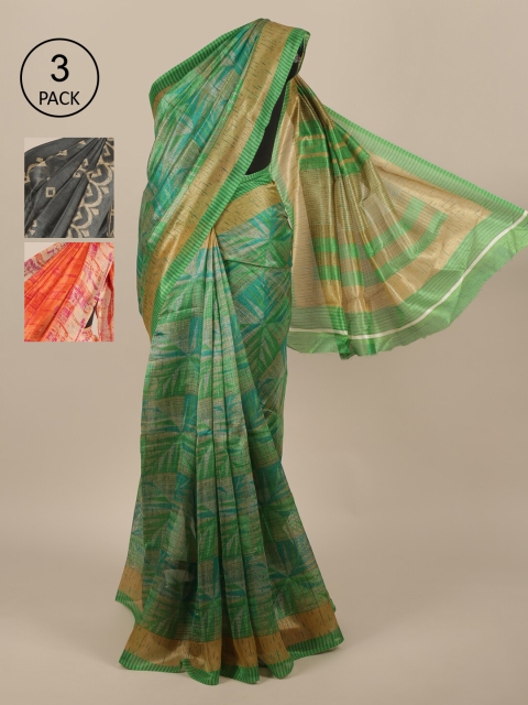 

Pothys Pack Of 3 Ethnic Motifs Jute Silk Sarees, Green
