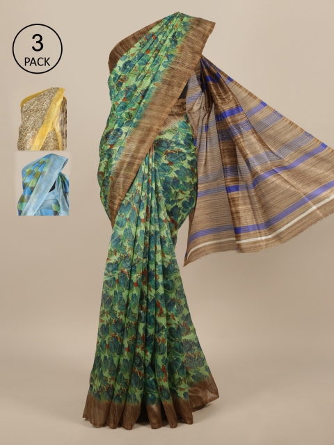 

Pothys Pack Of 3 Floral Jute Silk Sarees, Green