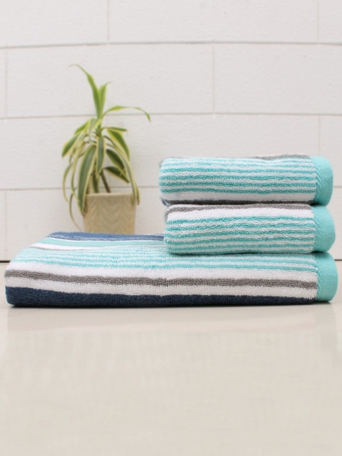 

AVI Living Unisex Set Of 3 Turquoise Blue & White Striped 600 GSM Cotton Towel Set